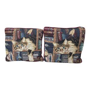 Vintage Cat Tapestry Throw Pillow Set Kitten On Bookshelf Boho Y2K Granny Style